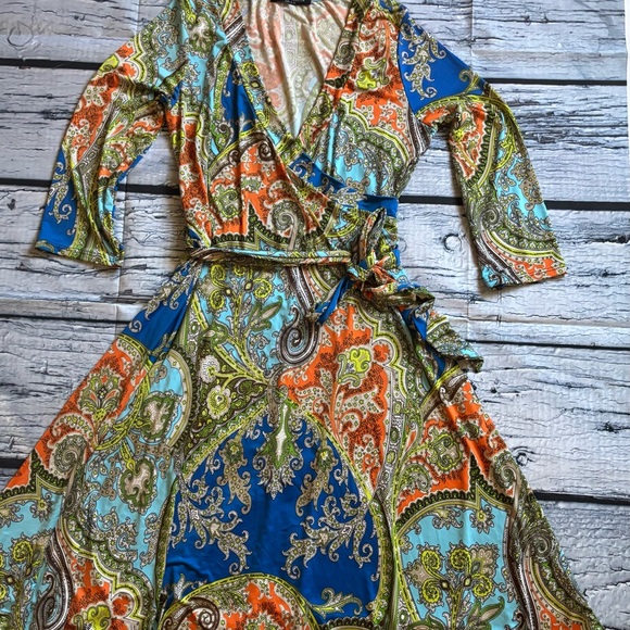 Paisley Wrap Dress in Blue and Orange - Picture 3 of 5